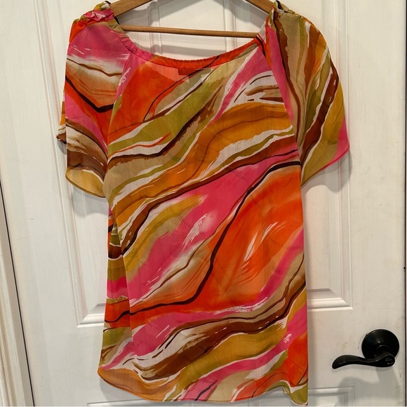 AUGUST SILK Women’s Blouse Colorful Pink Green Chiffon Crinkle Off Shoulder - Picture 3 of 6